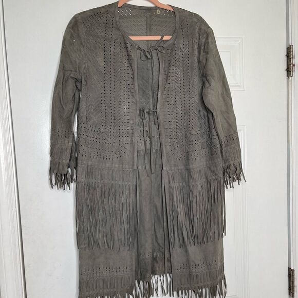 Elie Tahari Harley Laser-Cut Suede Coat, Cocoa - Picture 3 of 11